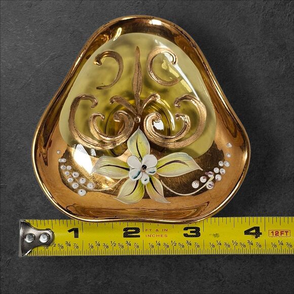 Murano Style Amber Glass Triangle Dish Gold Gilt Hand Painted Flower Trinket MCM - Picture 5 of 5